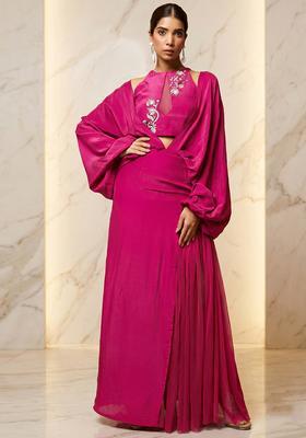 Hot Pink Embroidered Handwork Fusion Set