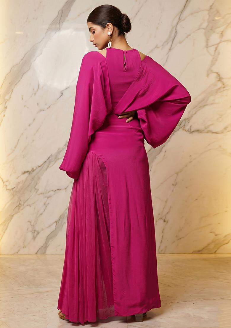 Hot Pink Embroidered Handwork Fusion Set - Indya