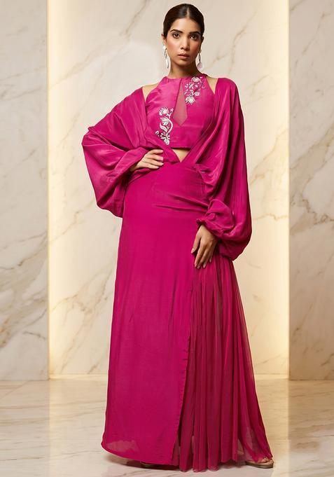 Hot Pink Embroidered Handwork Fusion Set