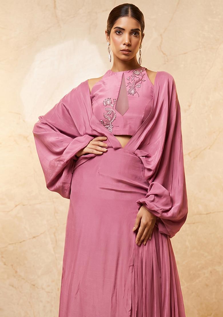 Light Pink Embroidered Handwork Fusion Set - Indya