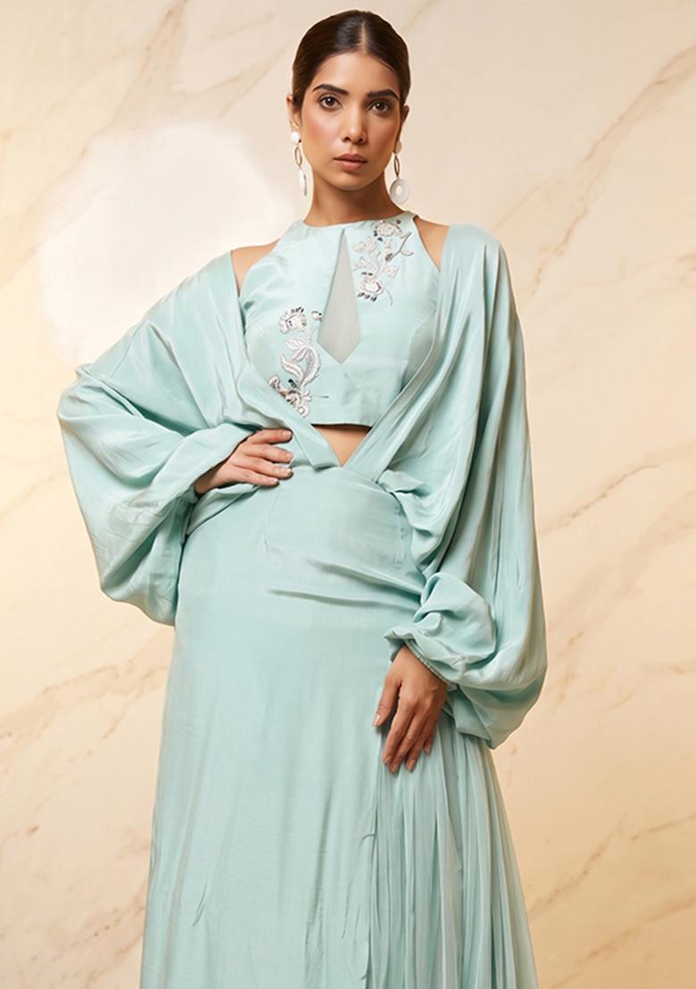 Mint Embroidered Handwork Fusion Set - Indya