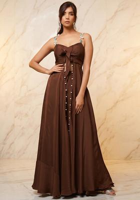 Brown Embroidered Handwork Fusion Set