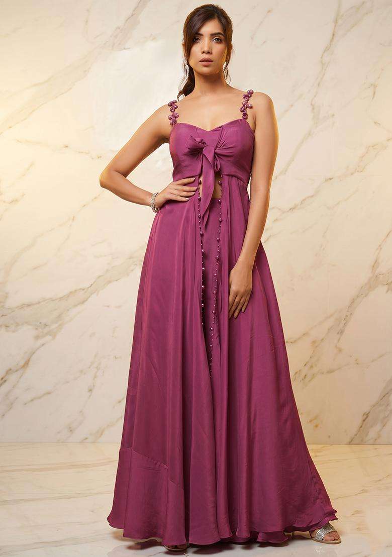 Mauve Embroidered Handwork Fusion Set - Indya