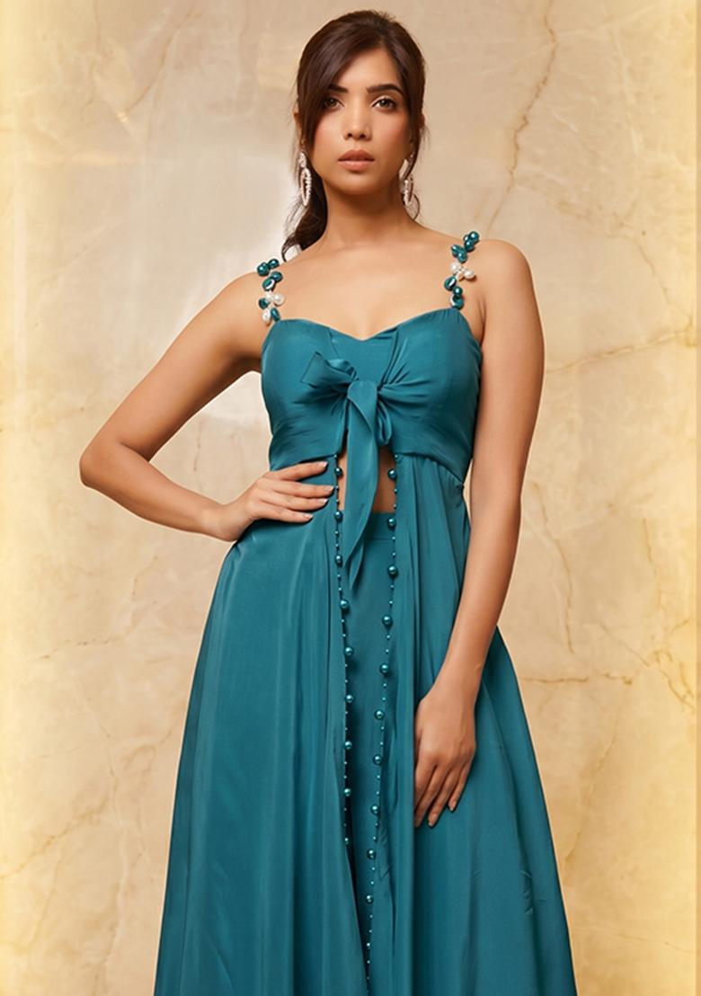 Teal Embroidered Handwork Fusion Set - Indya