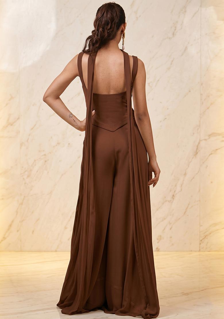 Brown Embroidered Handwork Fusion Set - Indya