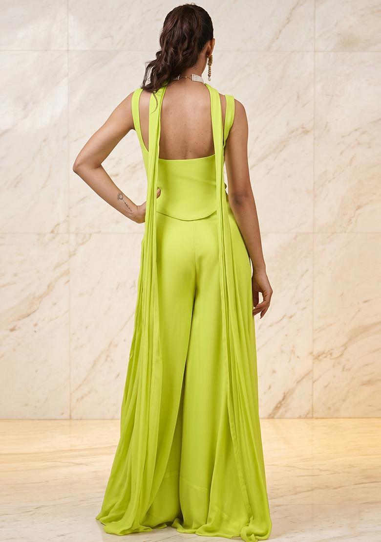 Lime Green Embroidered Handwork Fusion Set - Indya