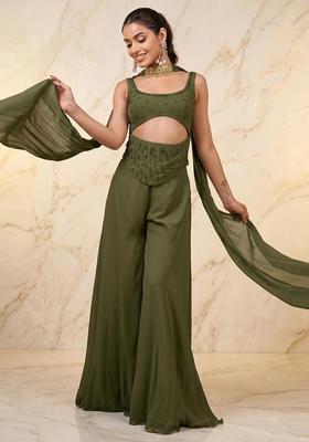 Olive Green Embroidered Handwork Fusion Set
