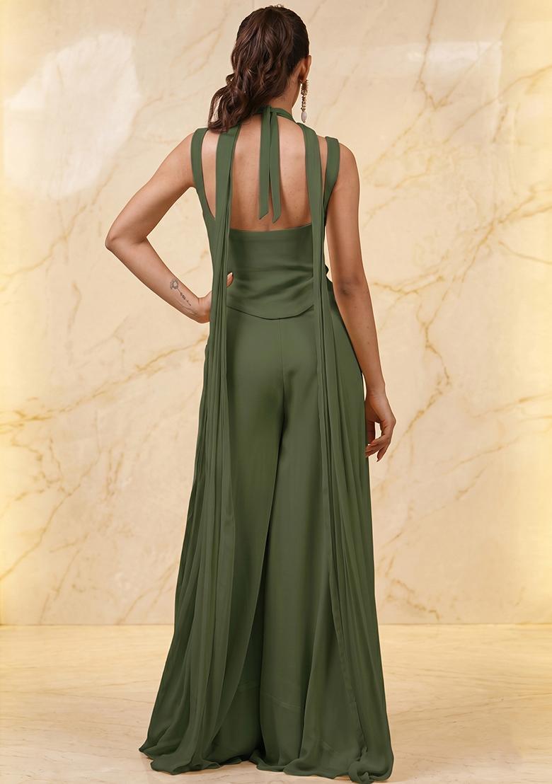 Olive Green Embroidered Handwork Fusion Set - Indya