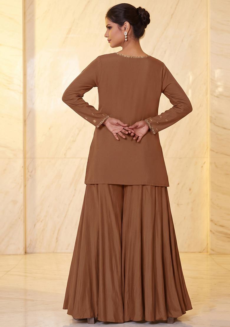 Beige Embroidered Handwork Fusion Set - Indya