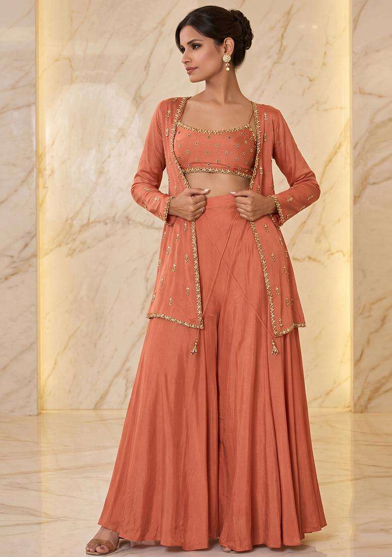 Coral Embroidered Handwork Fusion Set - Indya