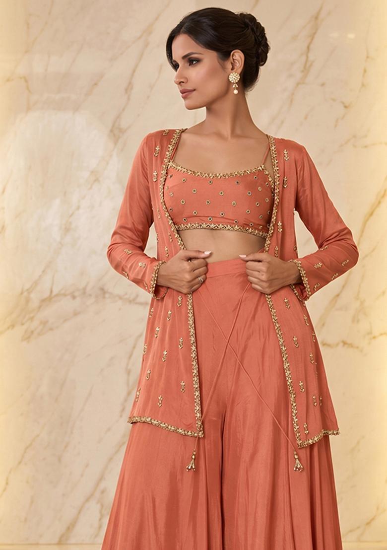 Coral Embroidered Handwork Fusion Set - Indya