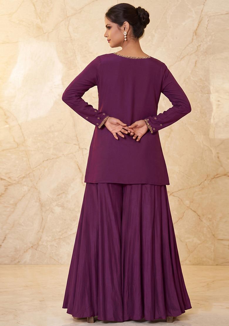 Plum Embroidered Handwork Fusion Set - Indya