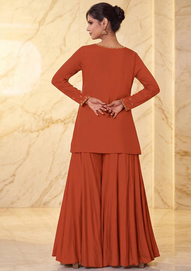 Rust Embroidered Handwork Fusion Set - Indya