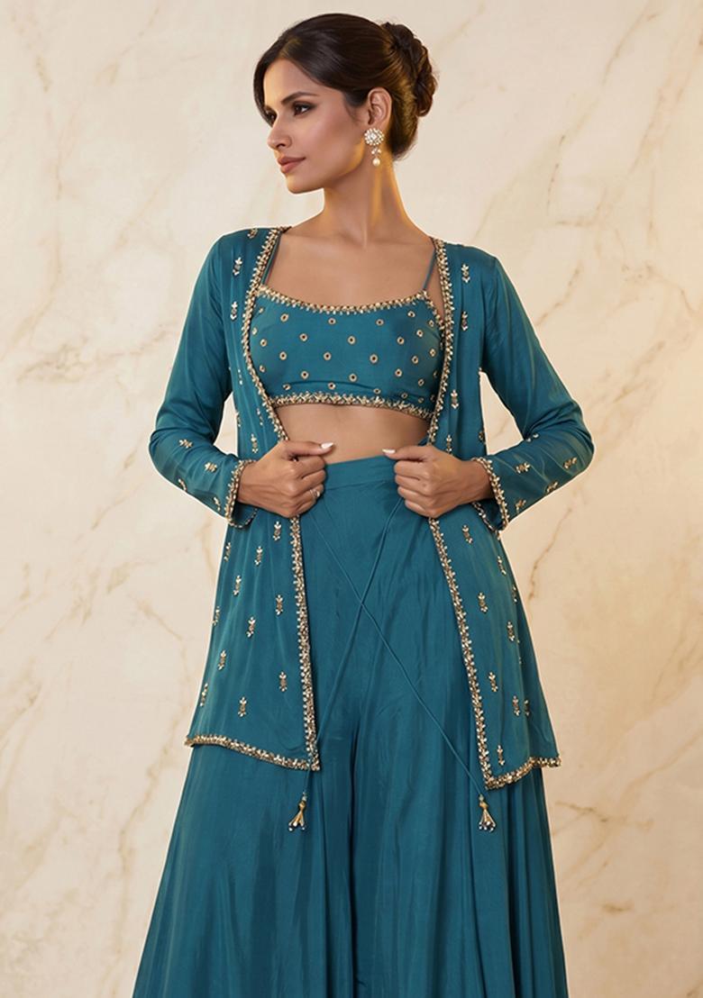 Teal Embroidered Handwork Fusion Set - Indya
