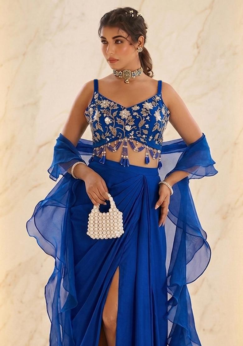Blue Embroidered Handwork Fusion Set - Indya