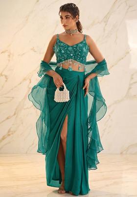 Green Embroidered Handwork Fusion Set
