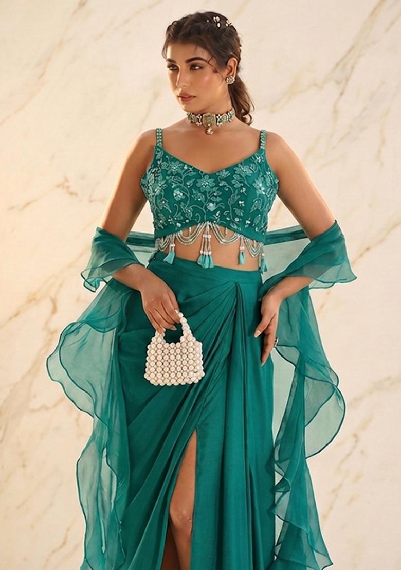 Green Embroidered Handwork Fusion Set - Indya