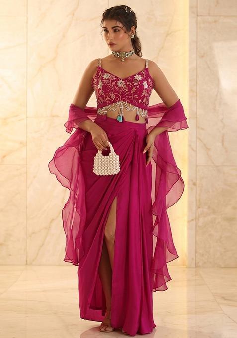 Hot Pink Embroidered Handwork Fusion Set