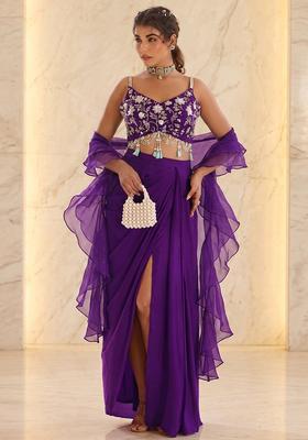 Purple Embroidered Handwork Fusion Set