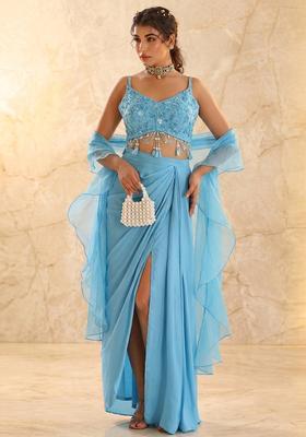 Sky Blue Embroidered Handwork Fusion Set
