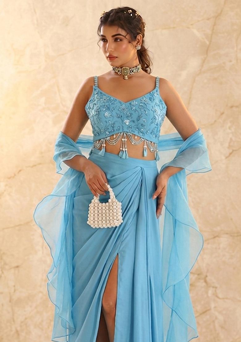 Sky Blue Embroidered Handwork Fusion Set - Indya