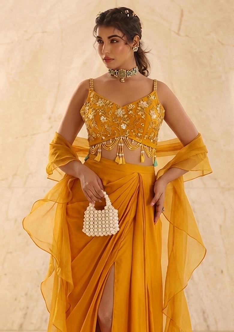 Yellow Embroidered Handwork Fusion Set - Indya