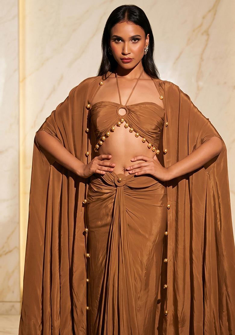 Beige Embroidered Handwork Fusion Set - Indya
