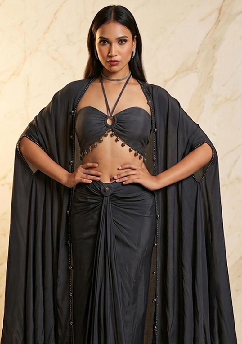 Black Embroidered Handwork Fusion Set - Indya