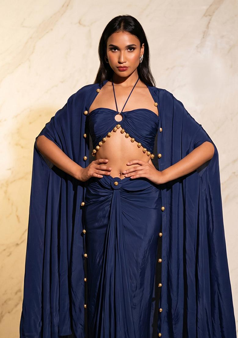 Blue Embroidered Handwork Fusion Set - Indya