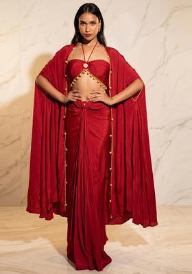 Red Embroidered Handwork Fusion Set