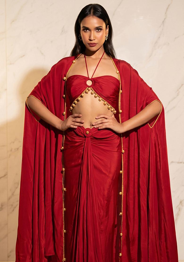 Red Embroidered Handwork Fusion Set - Indya