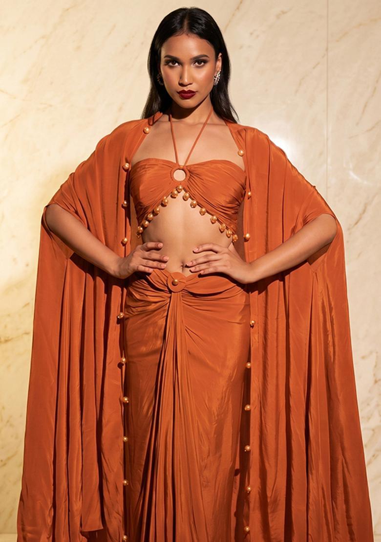 Rust Embroidered Handwork Fusion Set - Indya
