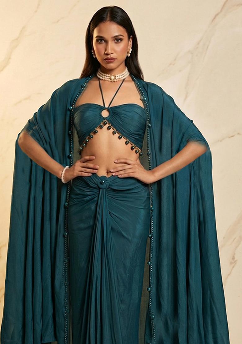 Teal Embroidered Handwork Fusion Set - Indya