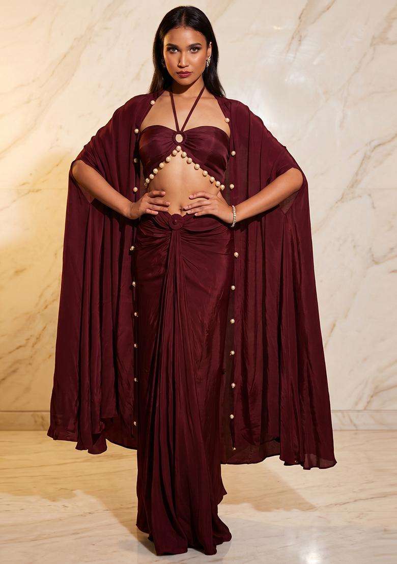 Wine Embroidered Handwork Fusion Set - Indya