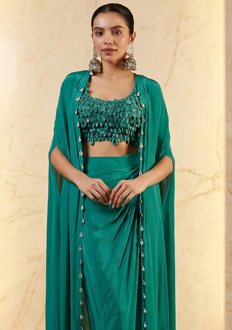 Green Embroidered Handwork Fusion Set - Indya