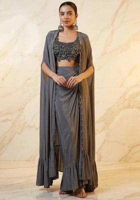 Grey Embroidered Handwork Fusion Set