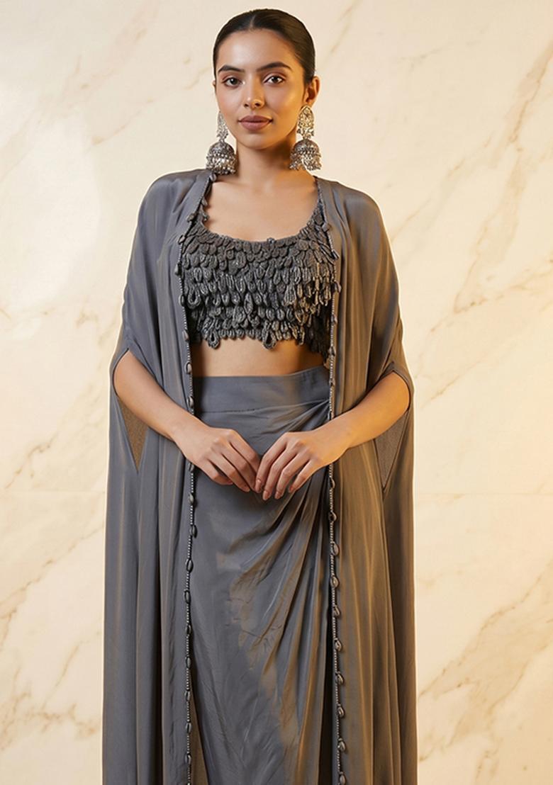 Grey Embroidered Handwork Fusion Set - Indya