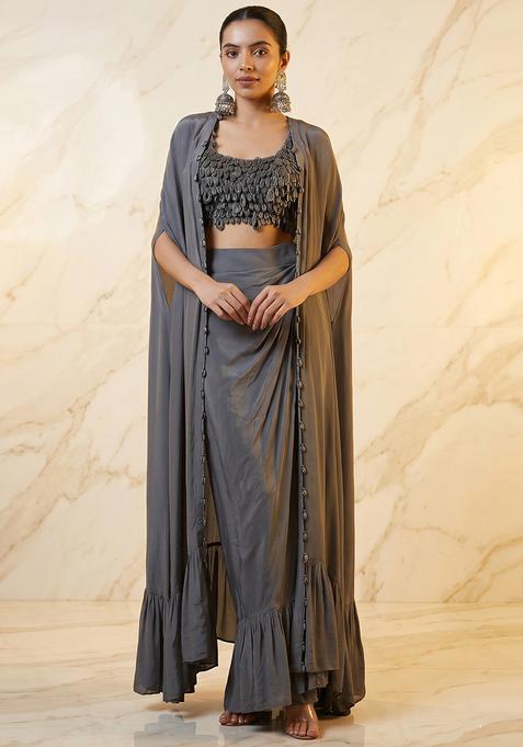 Grey Embroidered Handwork Fusion Set