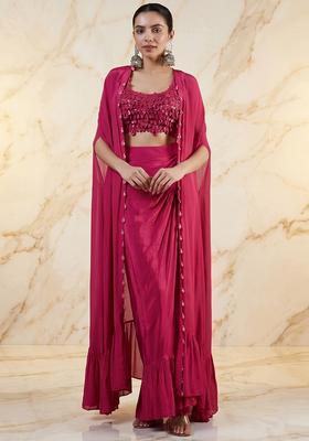 Hot Pink Embroidered Handwork Fusion Set