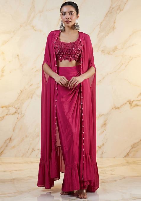 Hot Pink Embroidered Handwork Fusion Set