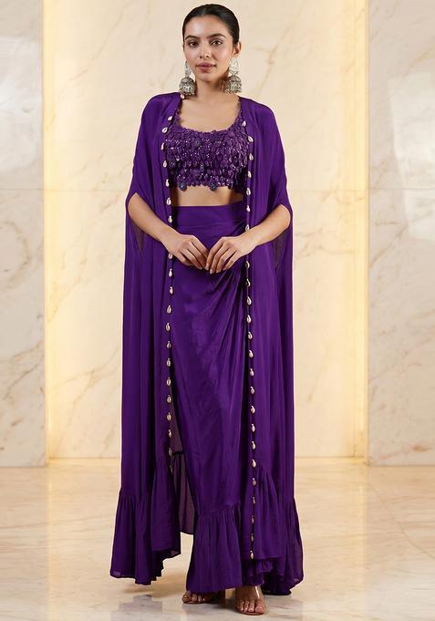 Purple Embroidered Handwork Fusion Set