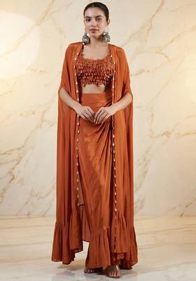 Rust Embroidered Handwork Fusion Set