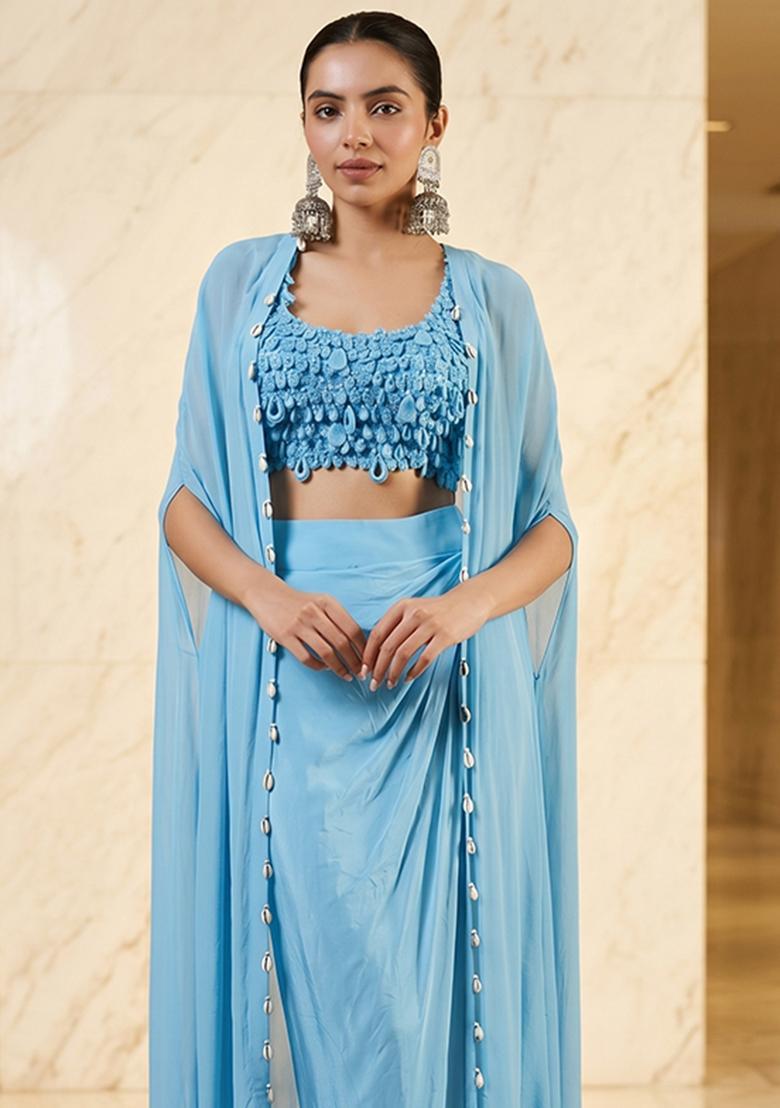 Sky Blue Embroidered Handwork Fusion Set - Indya