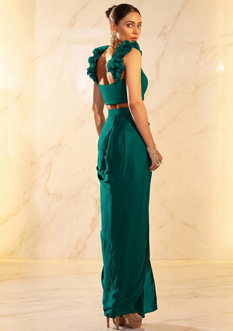 Green Embroidered Handwork Fusion Set - Indya