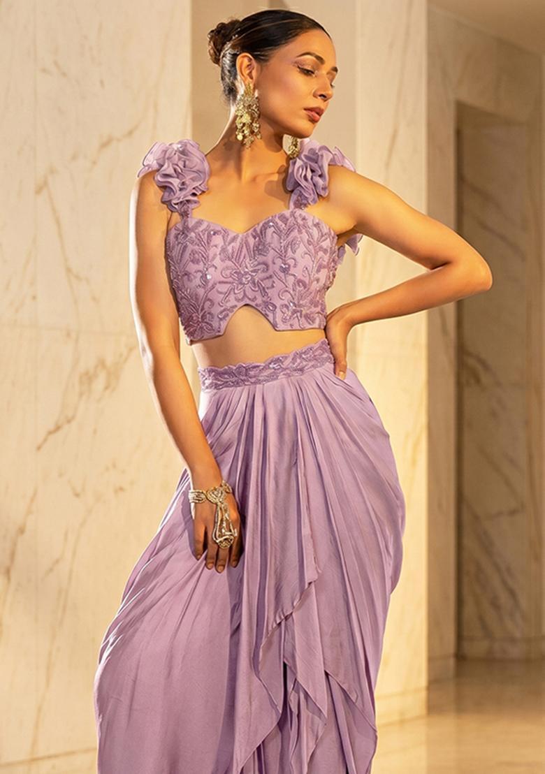 Lilac Embroidered Handwork Fusion Set - Indya