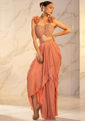 Peach Embroidered Handwork Fusion Set