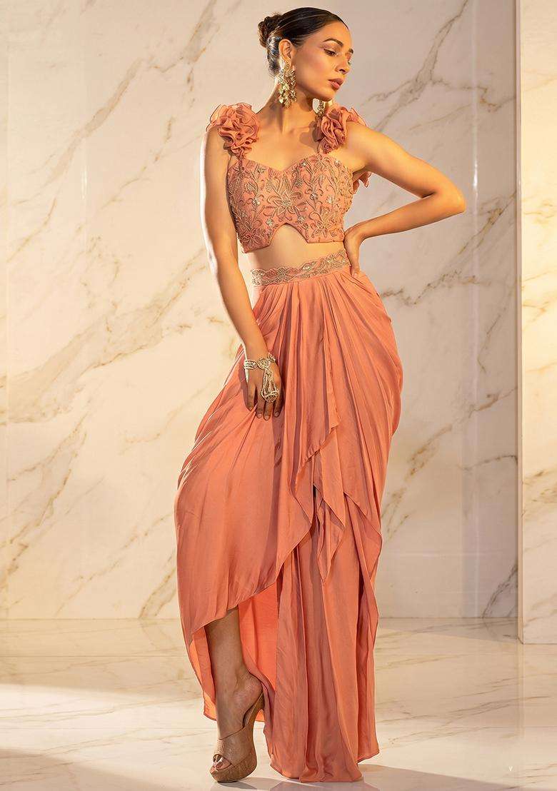 Peach Embroidered Handwork Fusion Set - Indya