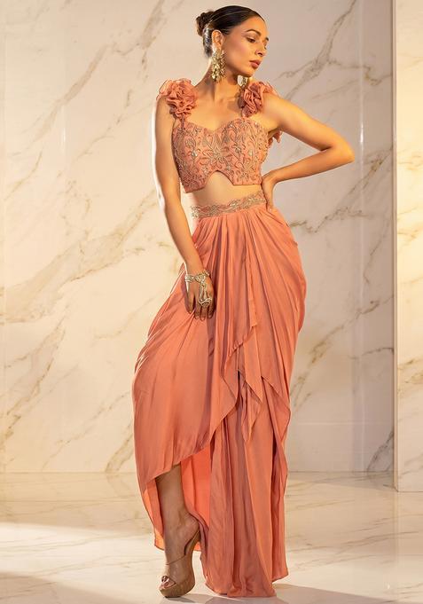 Peach Embroidered Handwork Fusion Set