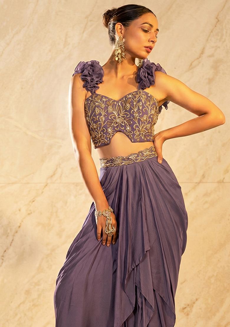 Purple Embroidered Handwork Fusion Set - Indya