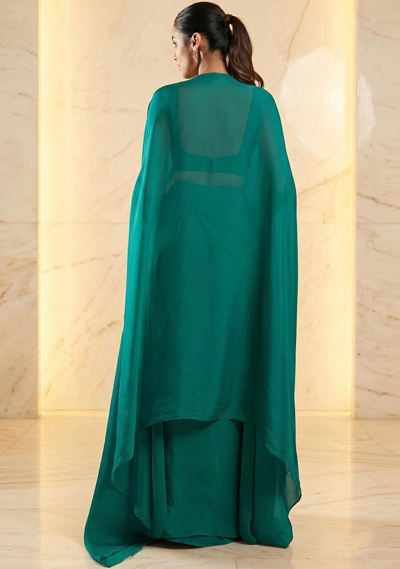 Green Embroidered Handwork Fusion Set - Indya